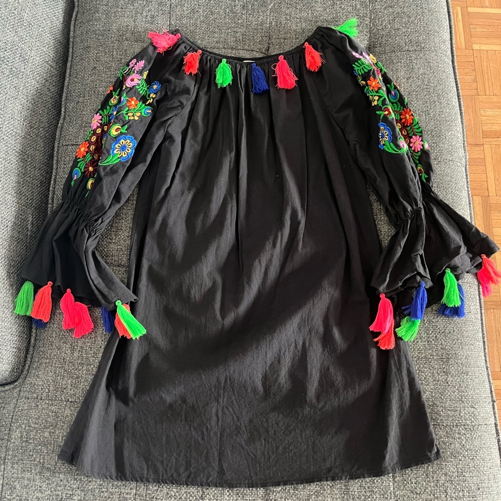 Velzera, Used, Short black dress, bright colored embroidery and pompoms, Size S.